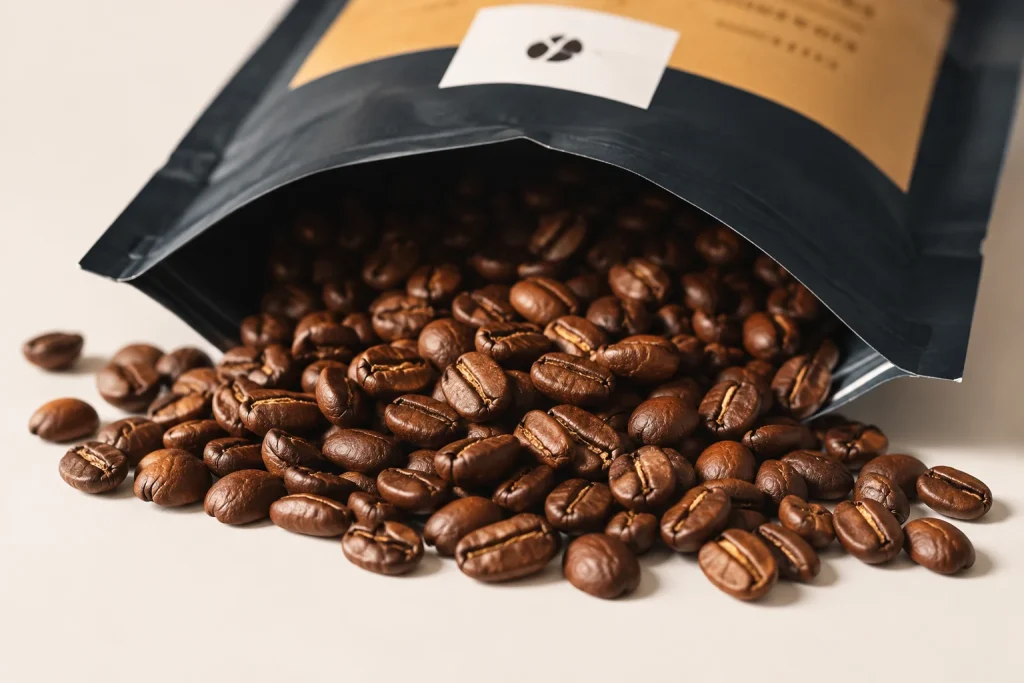 Roasted coffee beans spilling from an open coffee bag