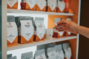 flat bottom coffee bag on the shelf