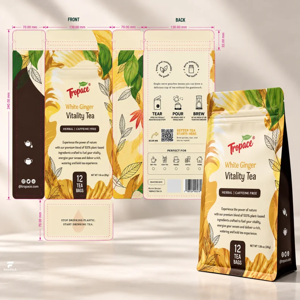 Coffee bag artwork layout alongside a finished custom printed coffee bag