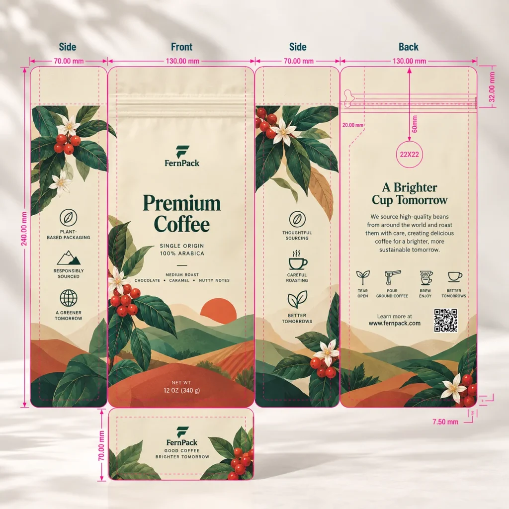 Flat bottom coffee bag dieline showing front, back, gussets, and sealing areas